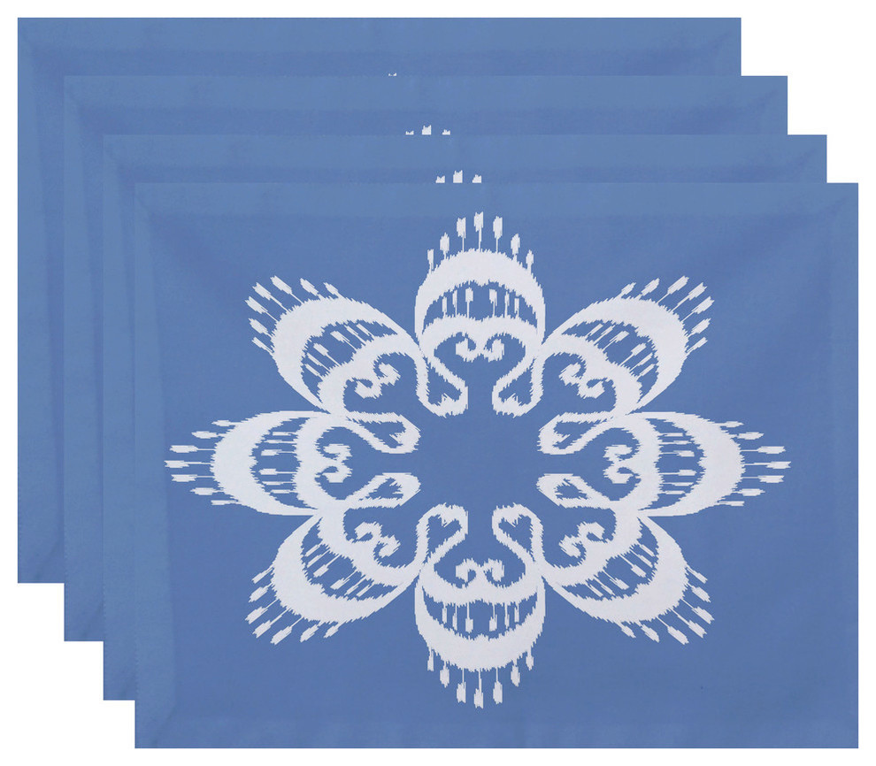 18"x14" Ikat Mandala, Geometric Print Placemat, Blue, Set of 4
