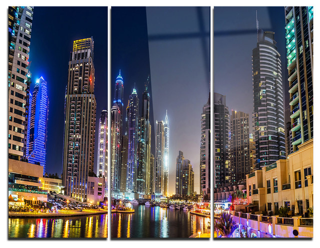 "Dubai Downtown in Summer Night" Photo Metal Wall Art, 3 Panels, 36"x28