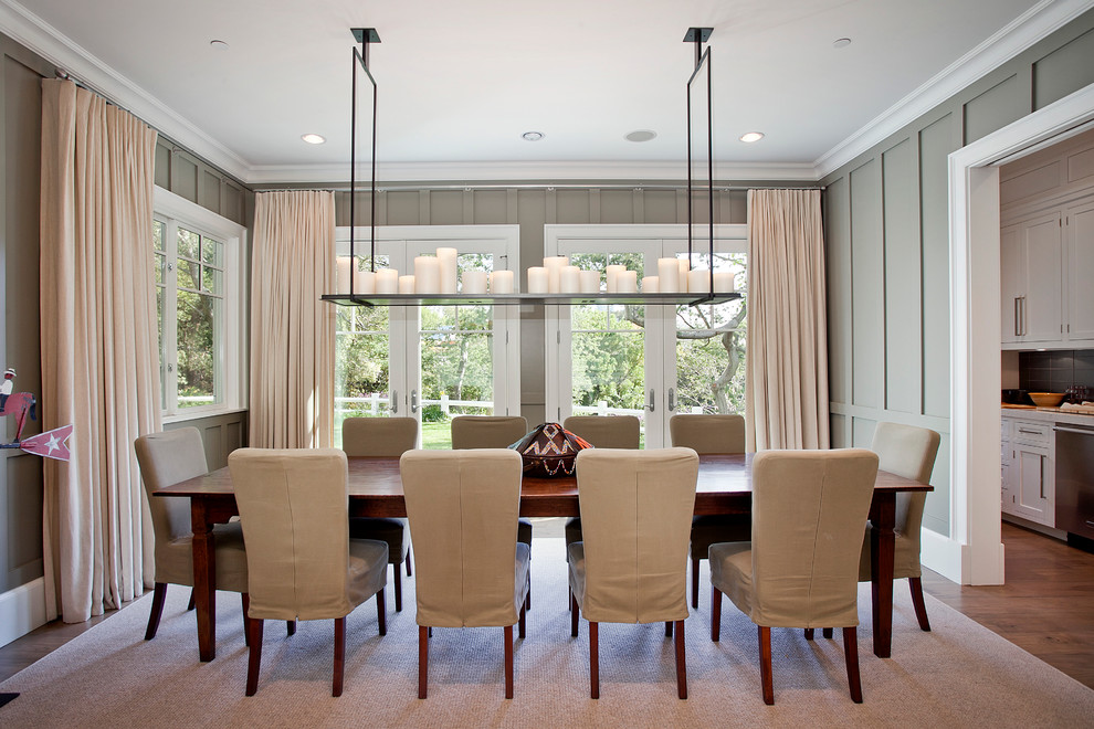 Inspiration for a traditional separate dining room in Los Angeles with grey walls and dark hardwood floors.