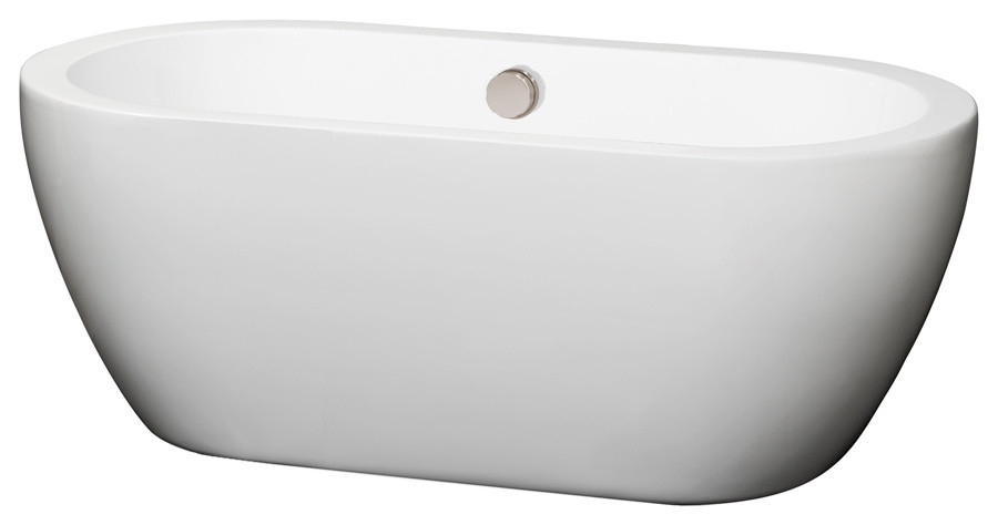60" Freestanding Bathtub, White With Brushed Nickel Drain and Overflow Trim