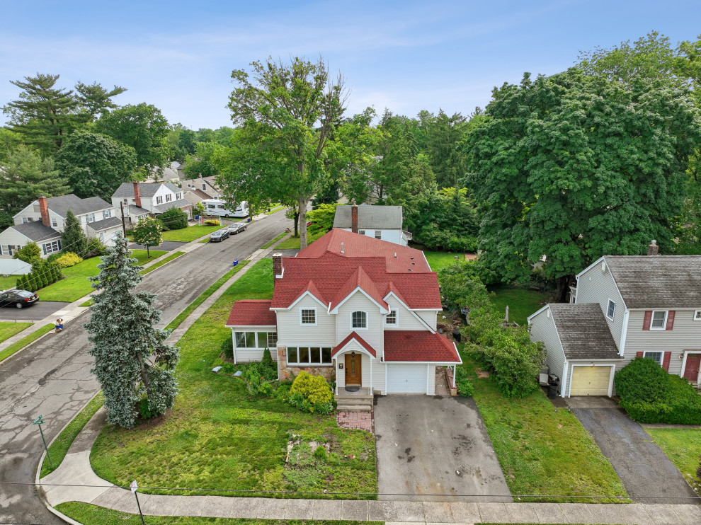 Aerial View of Multi-Gable Red Roofline