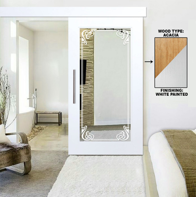 White Mirrored Acacia Hardwood Sliding Barn Door With Mirror Frosted Design Contemporary Interior Doors By Glass Us Houzz - Mirrored Barn Style Closet Doors White Mirrored Acacia Hardwood Sliding Barn Door With Mirror Frosted Design Contemporary Interior Doors By Glass Us Houzz - Mirrored Barn Style Closet Doors