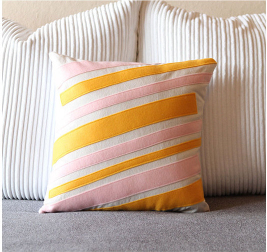 Tangerine and Pink Striped Cotton and Felt Pillow by Ekofabrik
