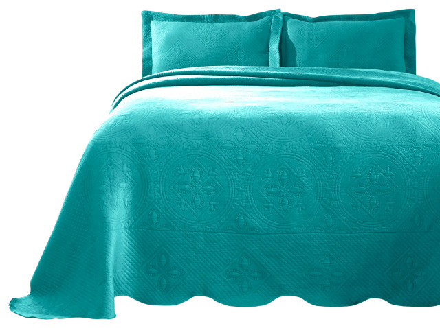 100% Cotton Geometric Luxury Quilted Bedspread, Peacock Blue, King