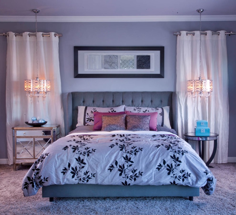 Contemporary grey and silver bedroom in San Diego with purple walls, carpet and purple floors.