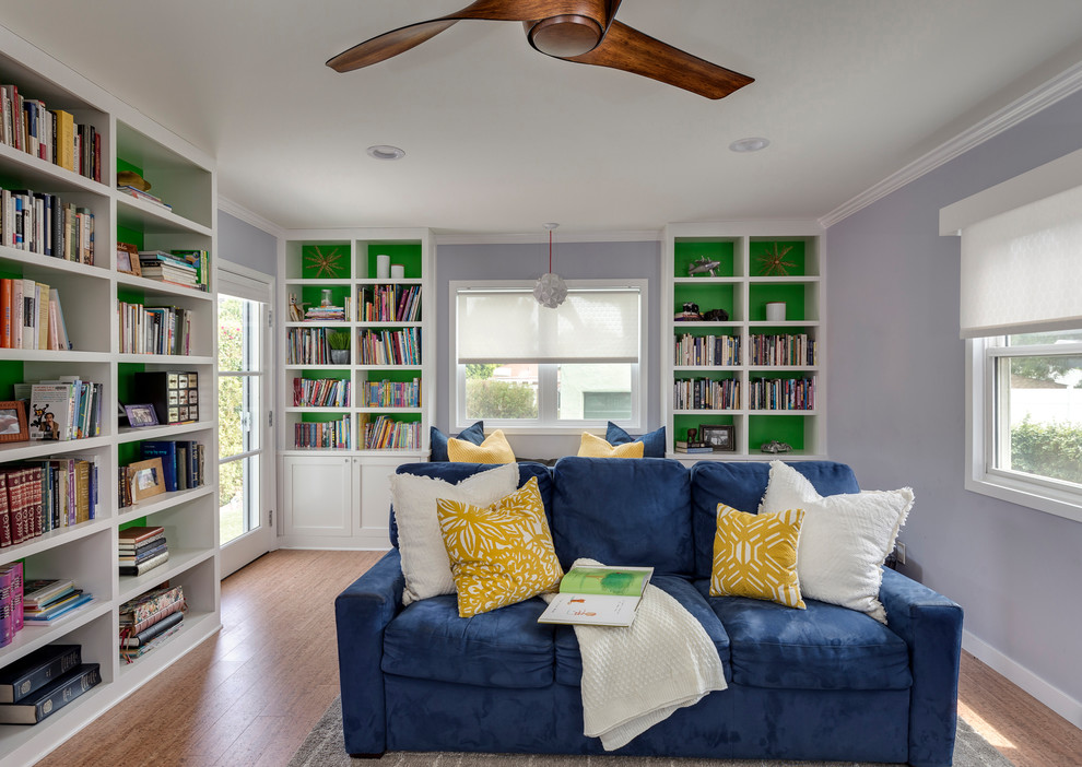 Inspiration for a large contemporary enclosed living room in Los Angeles with a library, green walls, cork floors, no fireplace, no tv and beige floor.