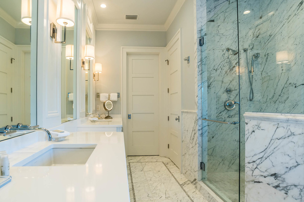 Inspiration for an expansive traditional master bathroom in Other with shaker cabinets, white cabinets, a drop-in tub, a corner shower, black and white tile, marble, grey walls, marble floors, an undermount sink, granite benchtops, white floor, a hinged shower door and white benchtops.