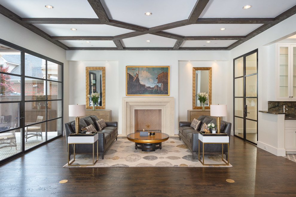 Inspiration for a traditional formal open concept living room in Dallas with white walls, dark hardwood floors, no tv and a standard fireplace.