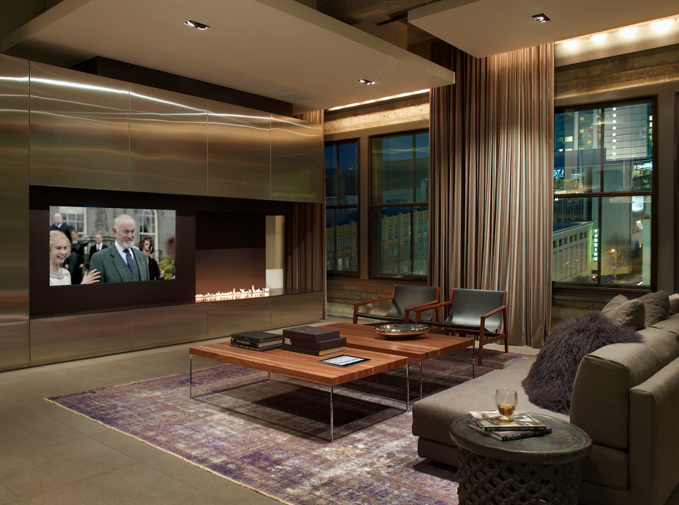 Photo of a contemporary living room in Los Angeles with a built-in media wall.