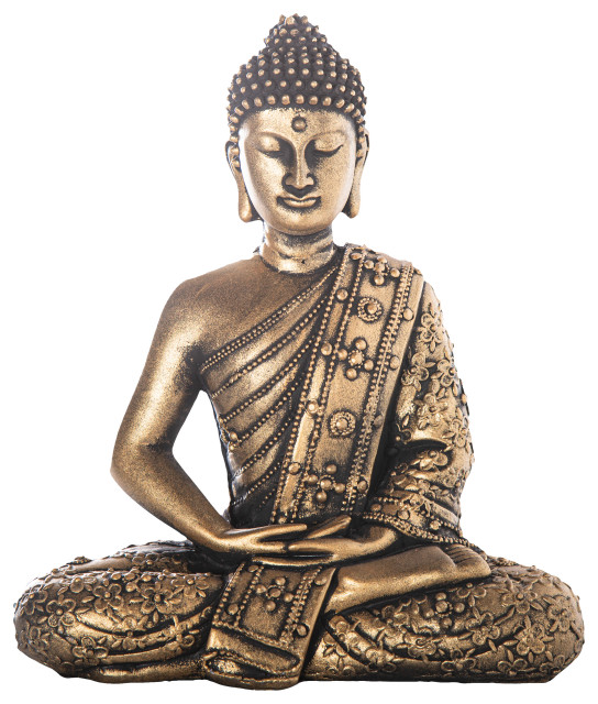 Cement Meditating Sash Buddha Figurine Distressed Concrete Gold Finish 