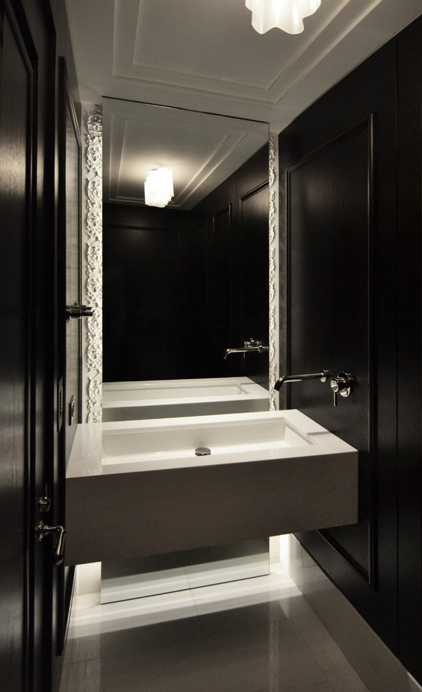 Small contemporary bathroom in Chicago with a wall-mount sink, black walls and marble benchtops.