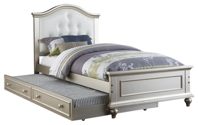 Benzara BM167274 Cherub Twin Size Bed With Trundle In Silver & White