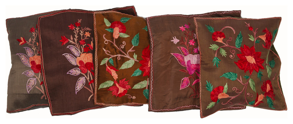 Cushion Covers from Kashmir with Ari Embroidered Flowers (Set of 5)