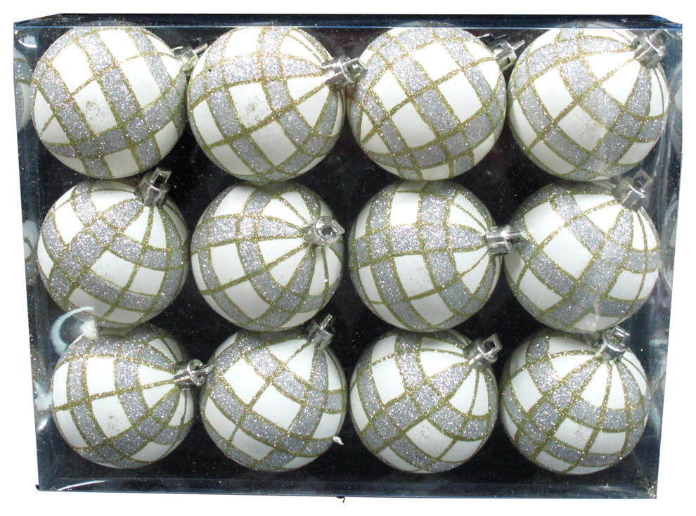 White Ball Ornament With Gold And Silver Plaid Design, 12Pack