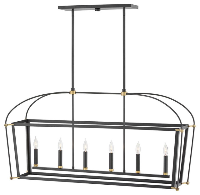 Selby 6 Light Island Light, Black with Heritage Brass Transitional Kitchen Island Lighting