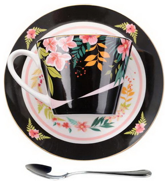 Britishstyle Goldrimmed Coffee Cup Set With Saucer Steel Spoon, Black