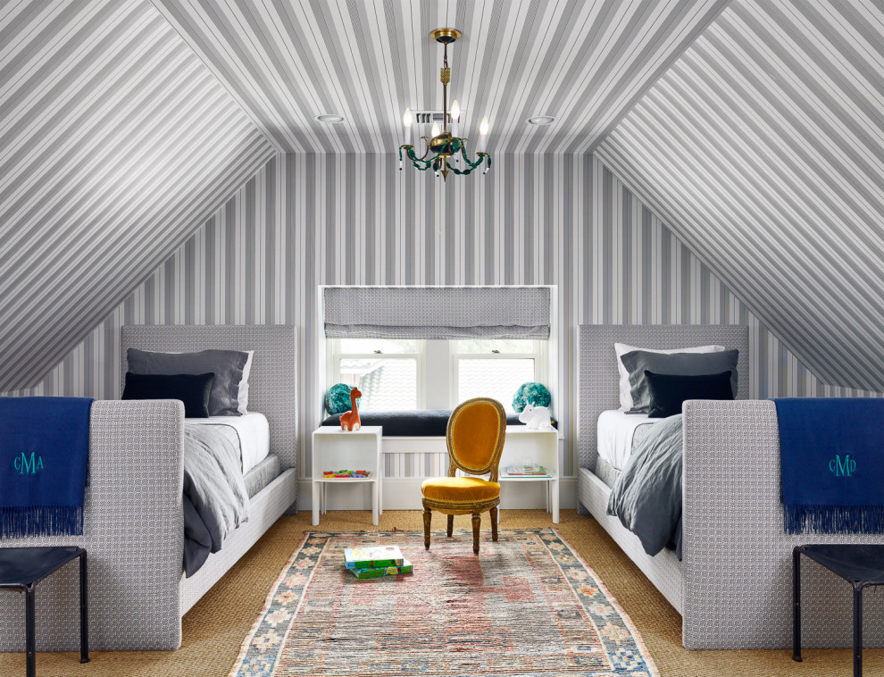 Houston Historic - Example of a large and bedroom trendy boy carpeted, brown floor and wallpaper kids' bedroom design in Houston with gray walls