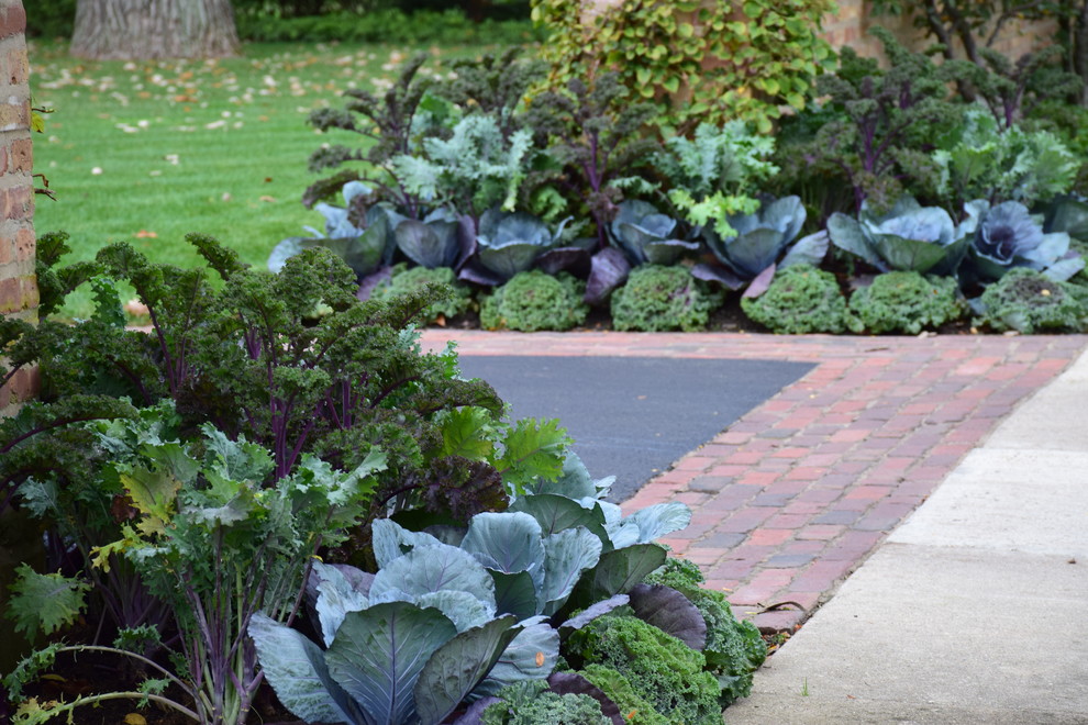 Inspiration for a traditional front yard full sun formal garden for fall in Chicago with brick pavers.