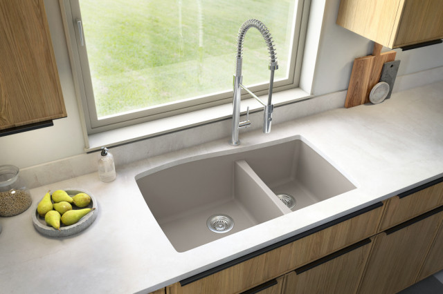 Karran Undermount Quartz 33" 60/40 Double Bowl Kitchen Sink, Concrete