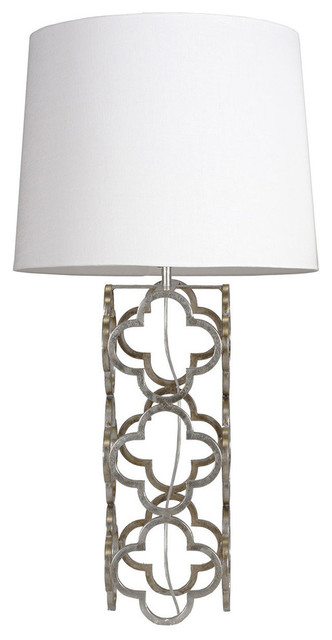 Quatrefoil Table Lamp With White Linen Shade, Silver