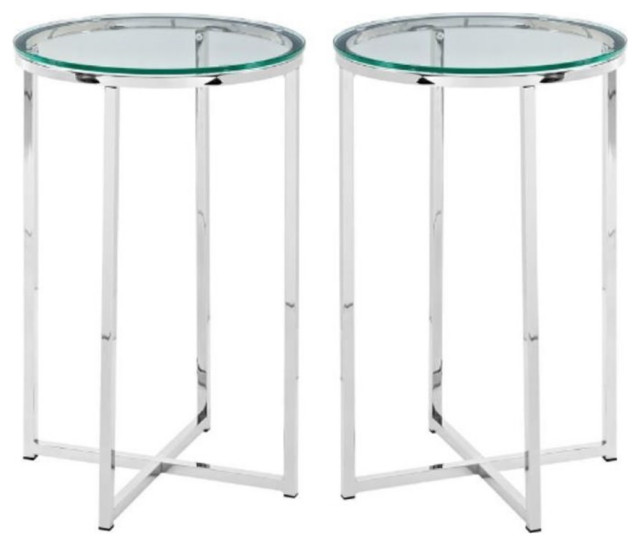 Home Square Glass Top Round Side Table in Chrome Base Set of 2