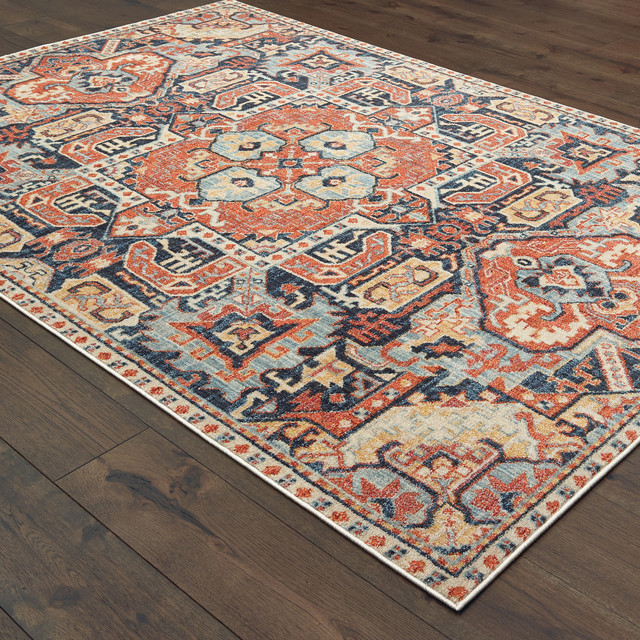 Perla Distressed Tribal Blue Orange Area Rug Mediterranean Distressed Tribal Blue Orange Area Rug