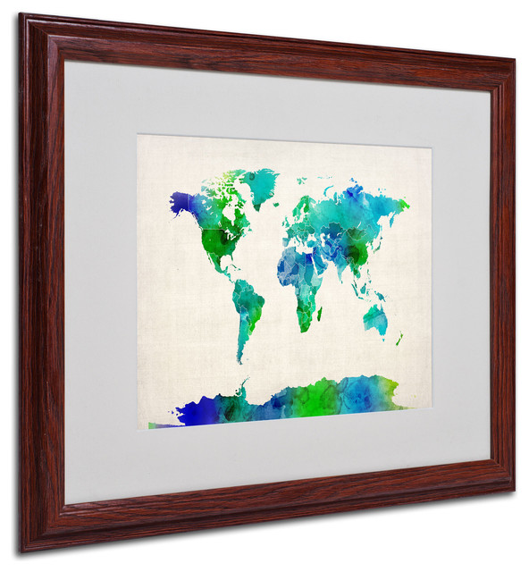World Map Watercolor Matted Framed Canvas Art By Michael