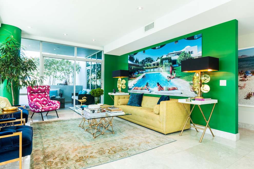 Photo of a large eclectic formal enclosed living room in Miami with green walls, porcelain floors, no fireplace, no tv and white floor.