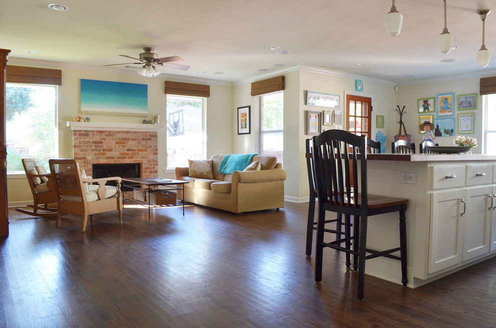 Living room - coastal open concept living room idea in Dallas with beige walls