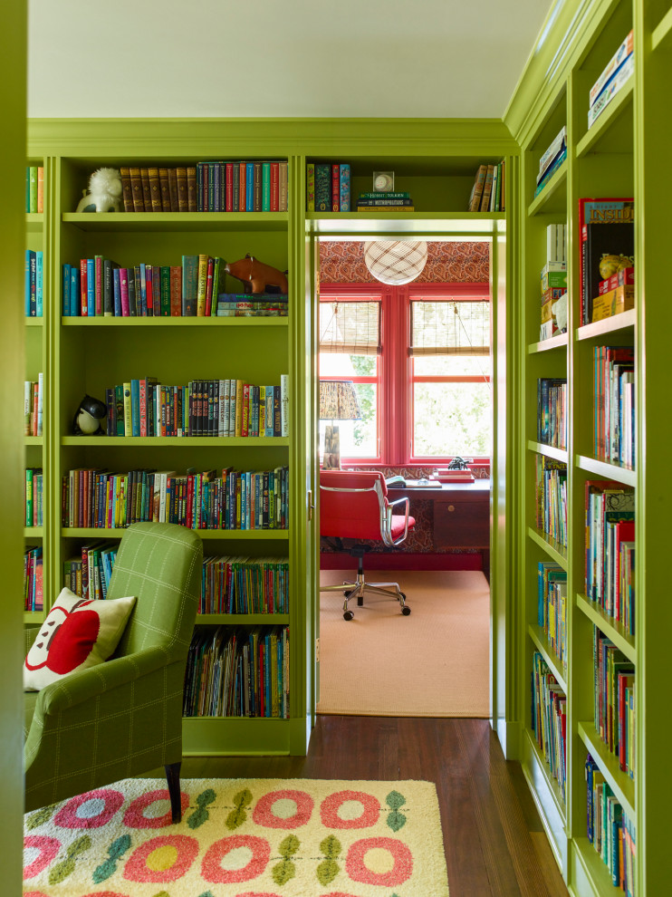 Larchmont Victorian - This is the stair landing at the attic level of this Victorian home; we lined it with bookcases to make a children's library, complete with a comfy chair and ottoman; through the door you see the older son's study/spare bedroom