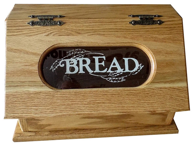 Amish Oak Stained Bread Box With Clear, Antique Wooden Bread Tray