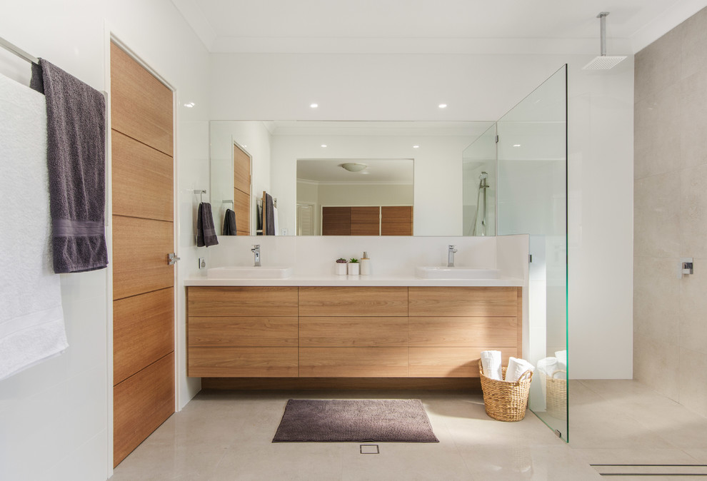 Design ideas for a large contemporary 3/4 bathroom in Perth with flat-panel cabinets, medium wood cabinets, an open shower, yellow tile, ceramic tile, ceramic floors, a vessel sink, engineered quartz benchtops, green floor, an open shower and white benchtops.