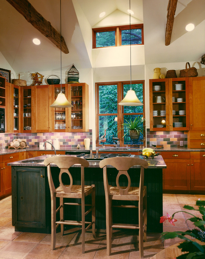 Inspiration for a large transitional l-shaped terra-cotta tile and beige floor kitchen remodel in Baltimore with an undermount sink, shaker cabinets, medium tone wood cabinets, granite countertops, multicolored backsplash, subway tile backsplash, stainless steel appliances, an island and gray countertops