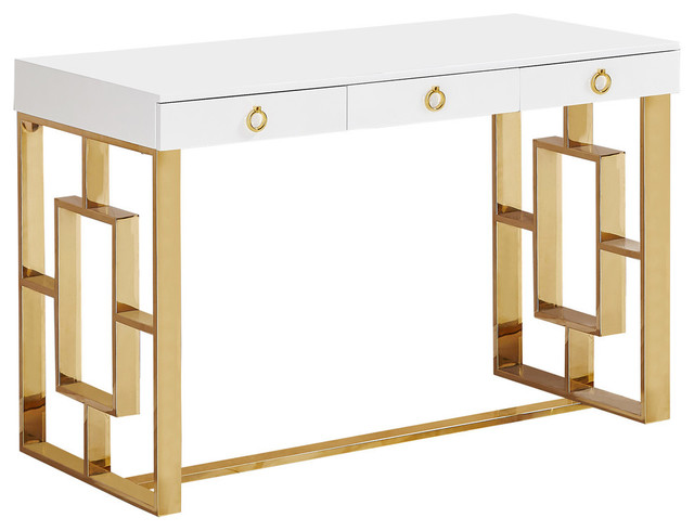Brooks Contemporary 3-Drawer Writing Desk, White/Gold