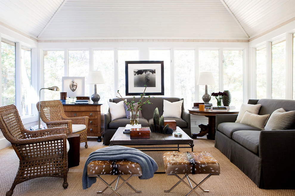 Transitional sunroom in Atlanta with no fireplace, a standard ceiling and brown floor.