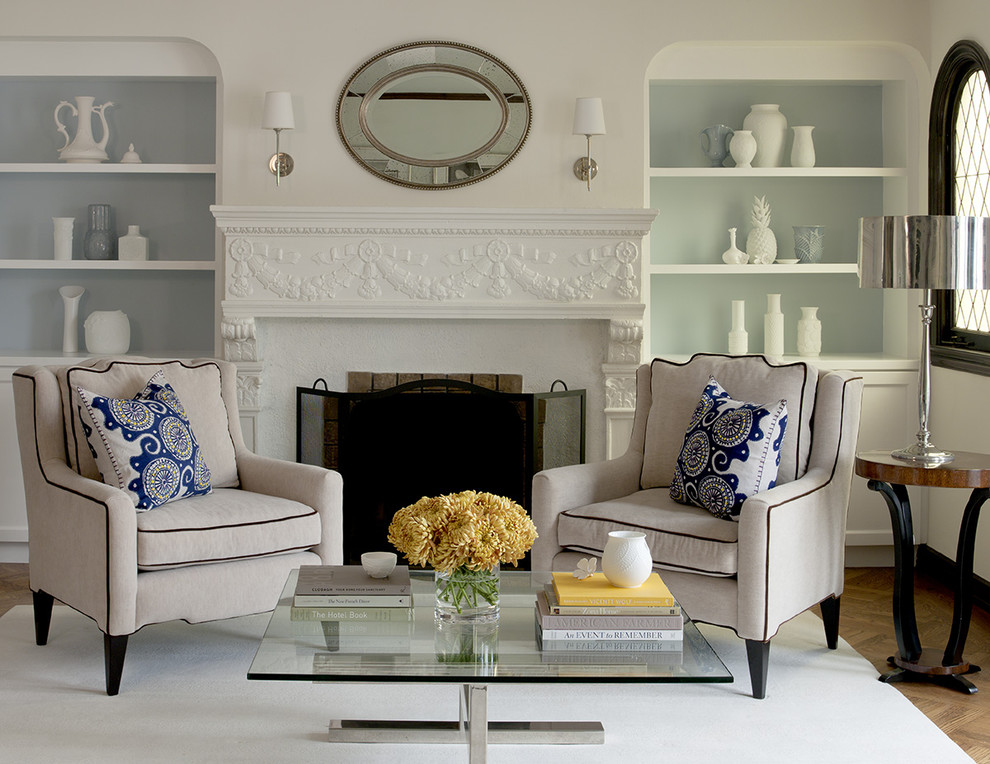 Design ideas for a traditional formal living room in San Francisco with white walls, a standard fireplace and no tv.
