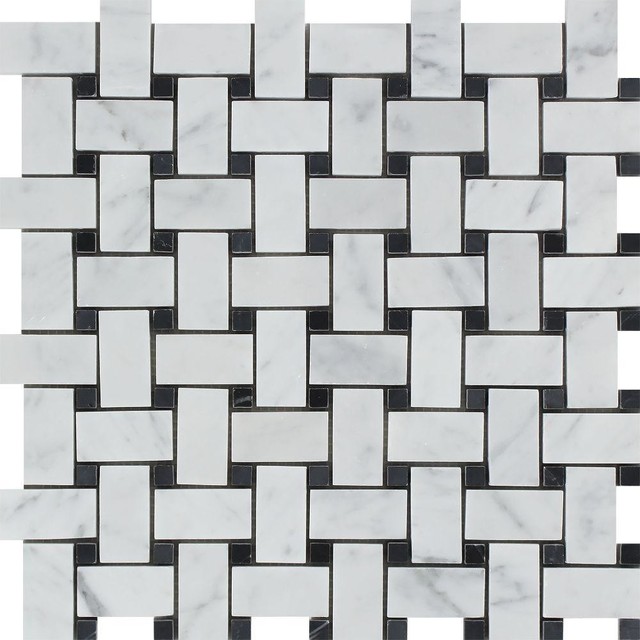 12 X12 Italian Carrara Milano Polished Basketweave With Black Dots 12 X12 Italian Carrara Milano Polished Basketweave With Black Dots Contemporary Mosaic Tile By Merakim