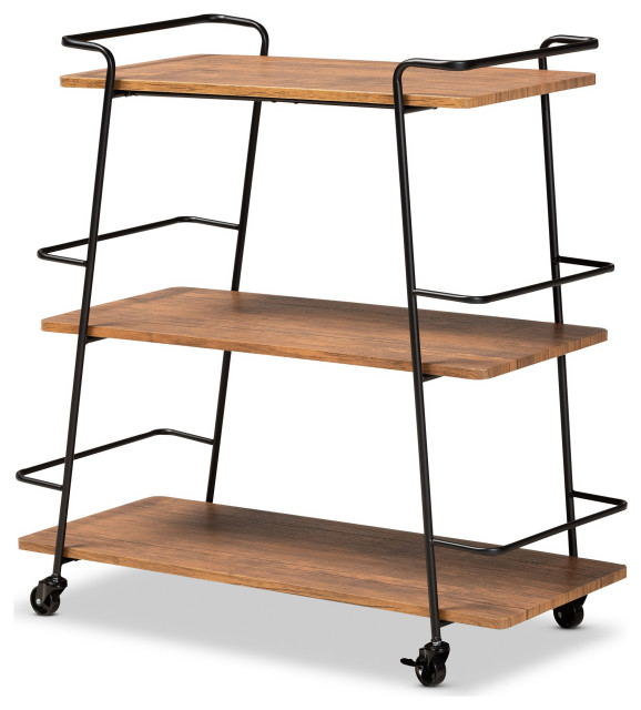 Bernard Black Metal and Walnut Finishe Wood 3-Tier Mobile Wine Bar Cart ...