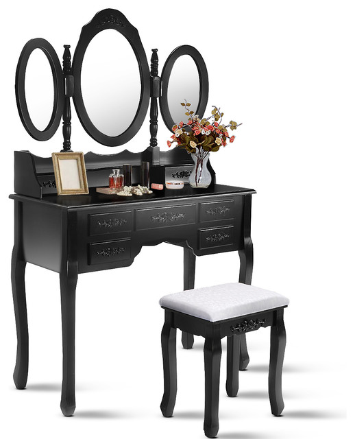 Costway Black Tri Folding Oval Mirror Wood Makeup Table With Stool Costway Black Tri Folding Oval Mirror Wood Makeup Table With Stool 7 Drawers Traditional Bedroom Vanities By Goplus Corp