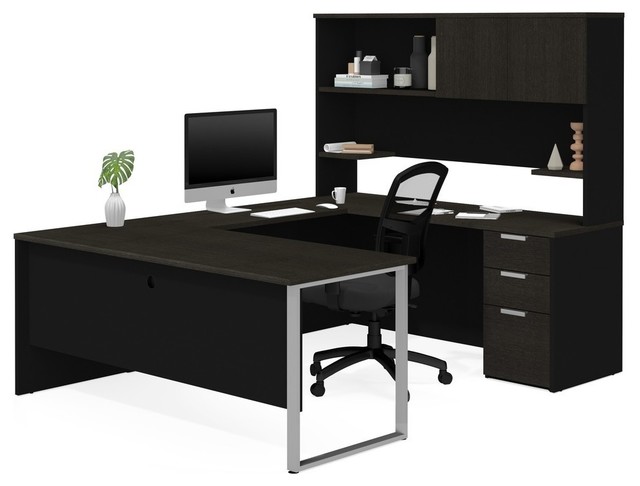 Modern U Shaped Desk With Hutch Deep Gray Black Finish Modern U Shaped Desk With Hutch Deep Gray Black Finish