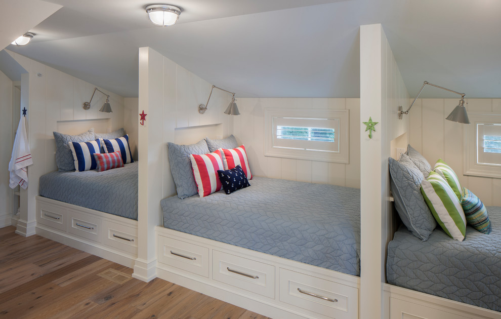 Photo of a beach style gender-neutral kids' bedroom for kids 4-10 years old in Grand Rapids with white walls and light hardwood floors.