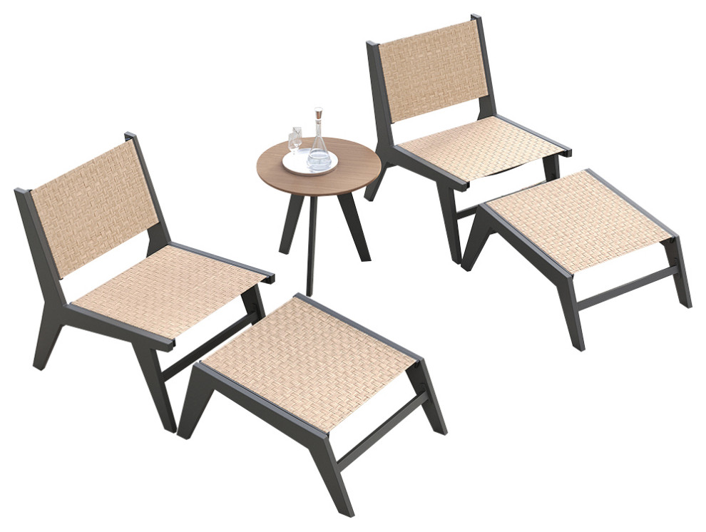 5Piece Rustic Rattan Outdoor Patio Lounge Chair Set With Table and