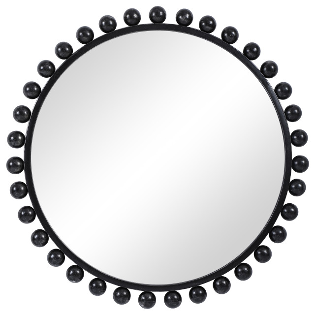 Elegant Beaded Spheres Round 44" Wall Mirror Vanity Mantel Black Metal Transitional Wall