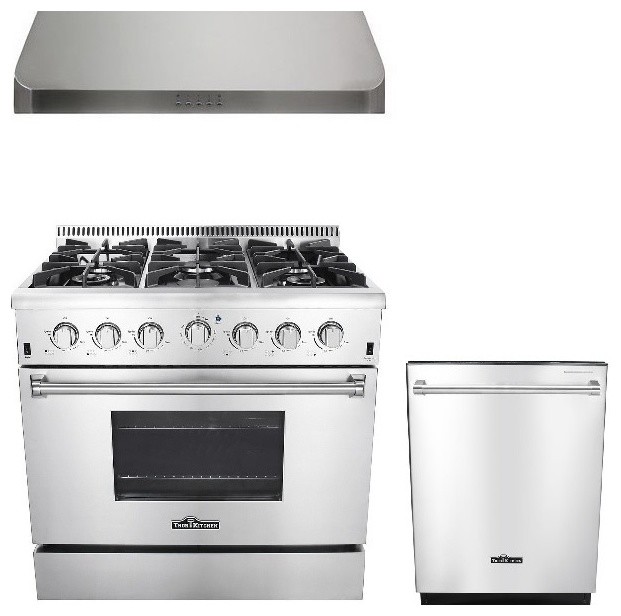 Thor Kitchen HRG3618U 36" Gas Range, 36" Range Hood and Dishwasher