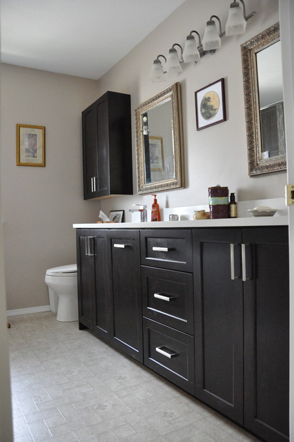 Espresso Vanity and Olive Bamboo Tiles  North Delta 