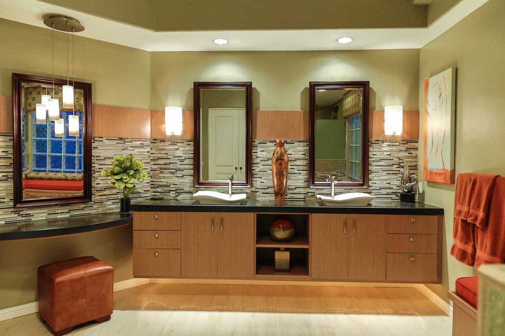 Large contemporary master bathroom in Other with a vessel sink, flat-panel cabinets, light wood cabinets, granite benchtops, multi-coloured tile, mosaic tile, green walls, porcelain floors and beige floor.
