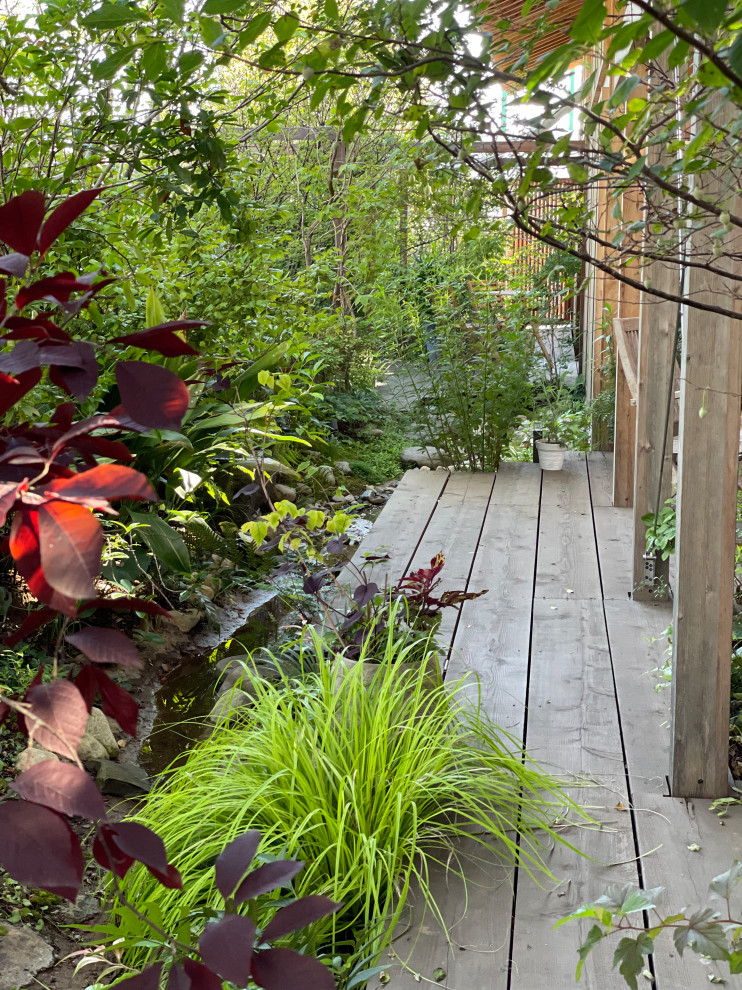 Réalisation d'un jardin avant de taille moyenne et l'été avec un chemin, une exposition partiellement ombragée et une terrasse en bois.