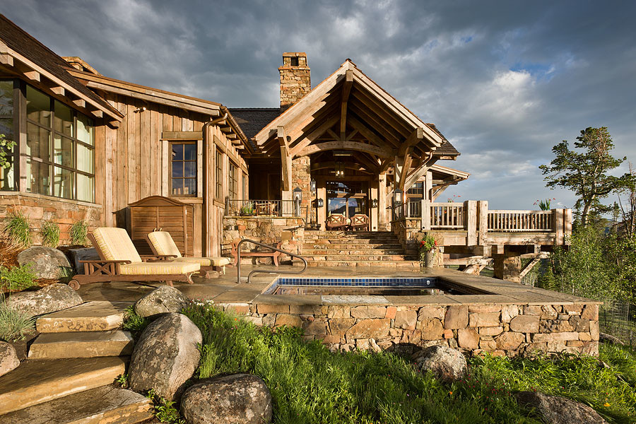 Hot tub - rustic stone and rectangular aboveground hot tub idea