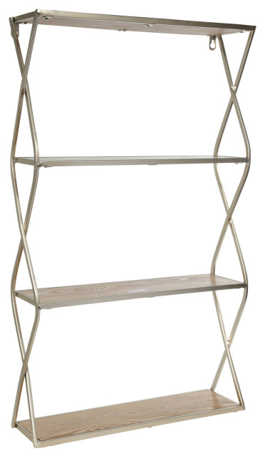 4 Tier Wood and Metal Wall Shelf with Criss Cross Sides, Gold and Brown ...