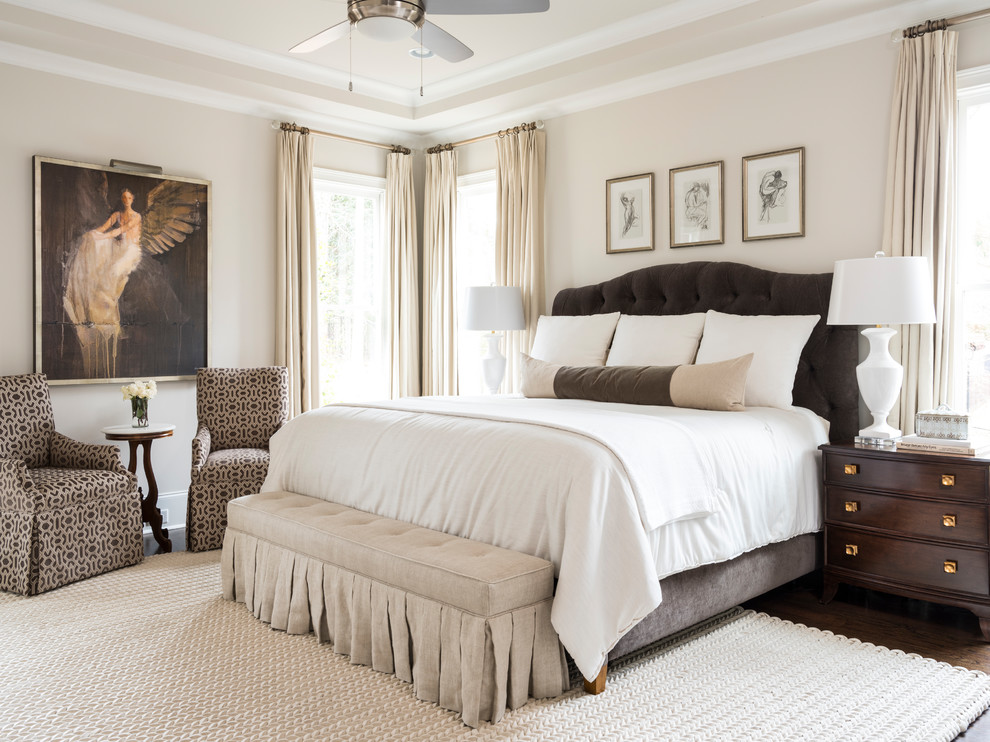 Inspiration for a transitional master bedroom in Atlanta with beige walls, dark hardwood floors and no fireplace.